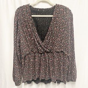 Maurices Black & Multicolored Ditsy Floral V-neck Faux Wrap Empire Waist Blouse